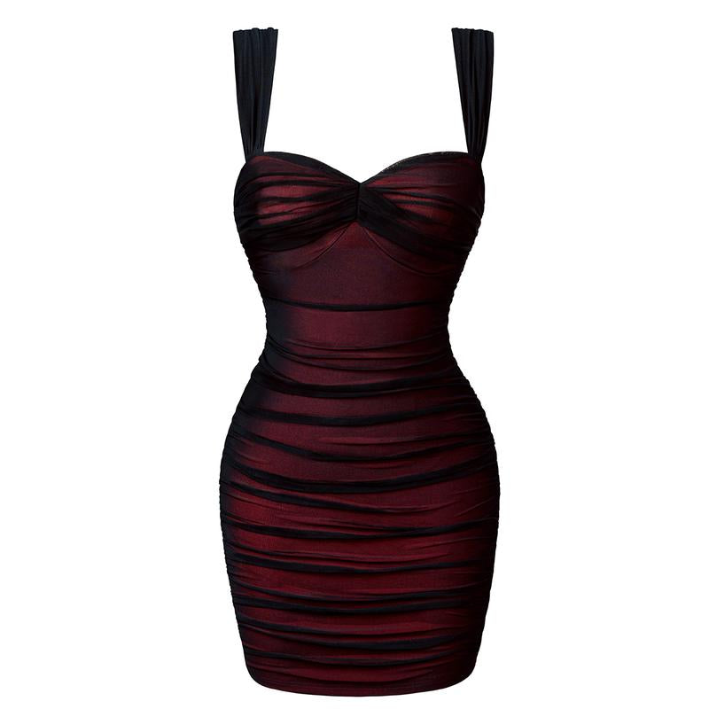 HYZ Women'S Summer Sexy Bodycon Sleeveless Tank Straps Mesh Ruched Mini Party Dress